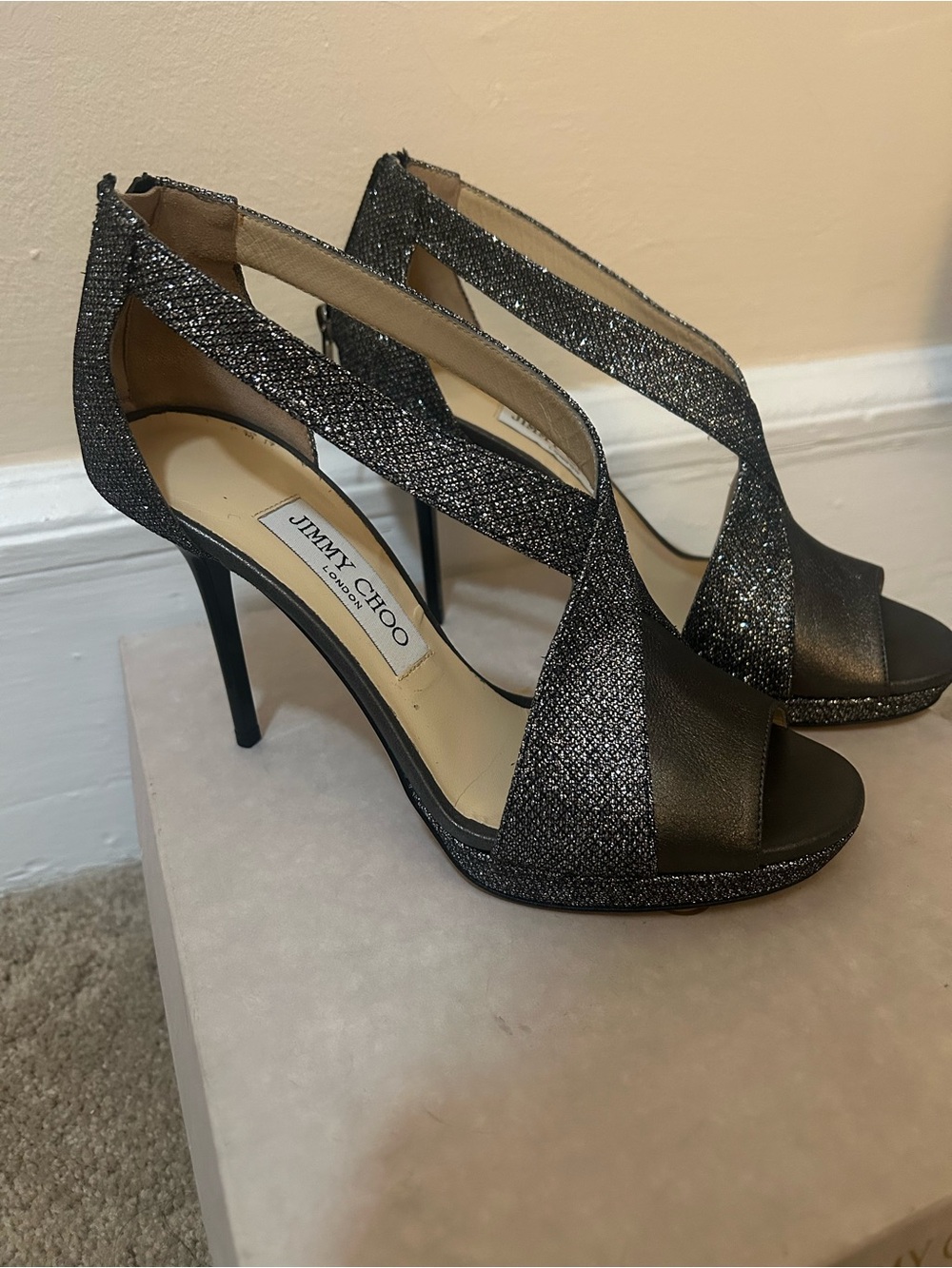 Jimmy Choo Gunmetal Glitter Heels. NWT